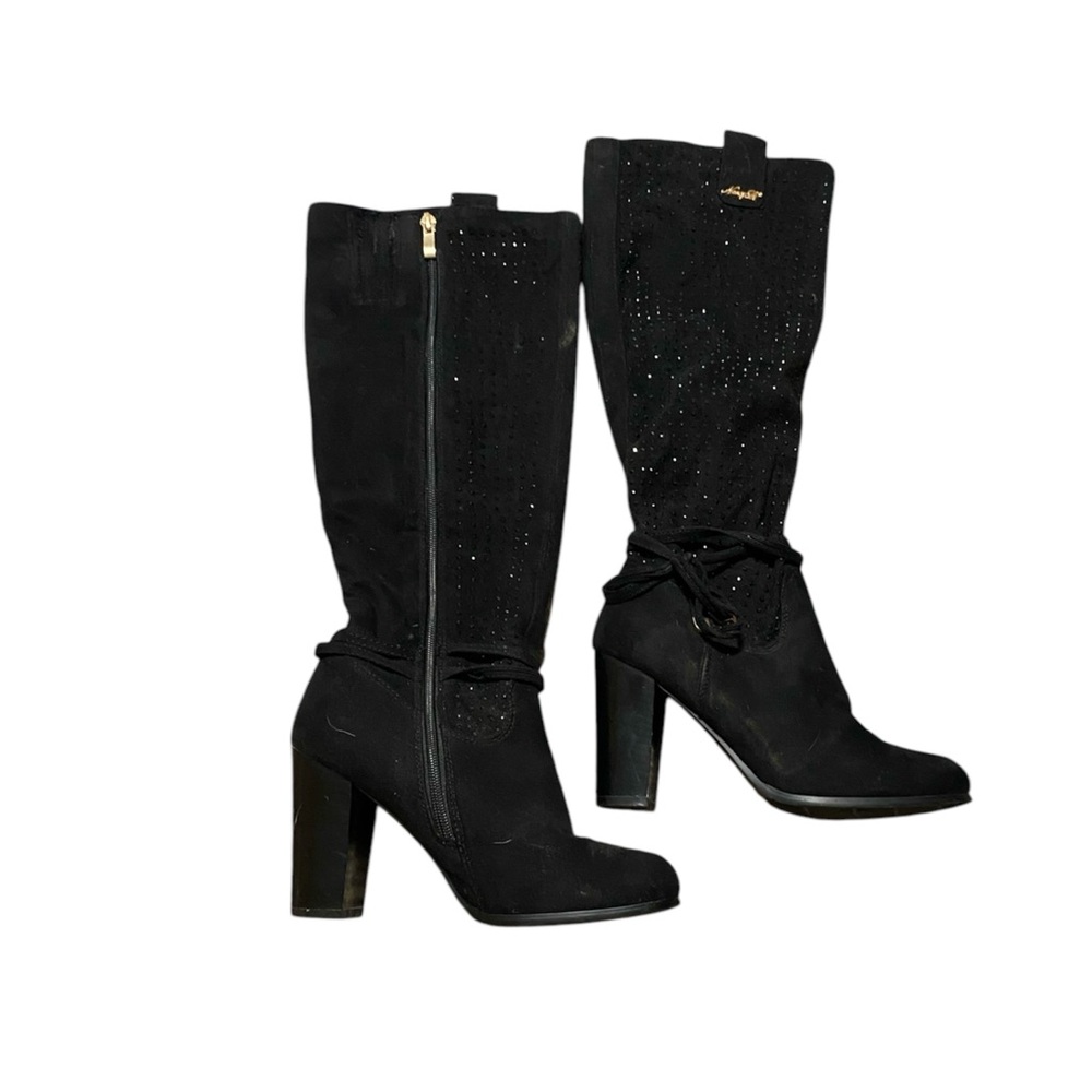 Nancy Li Knee High Black Faux Suede Rhinestone 3in Heel Boots Size 7